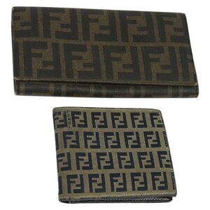 FENDI Zucca Canvas Zucchino Canvas Wallet 2Set Black Brown Navy Auth bs25082